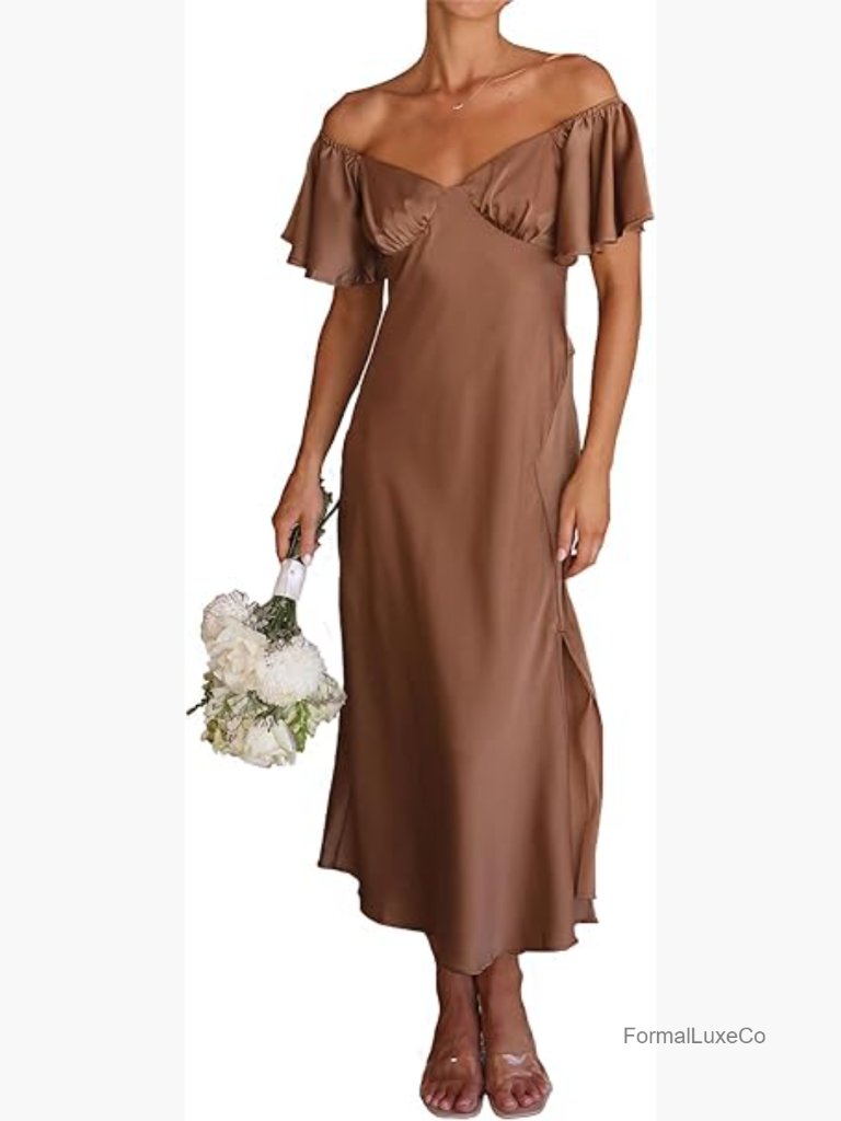 Off Shoulder Butterfly Sleeve Satin Midi Dress Wedding Guest Formal